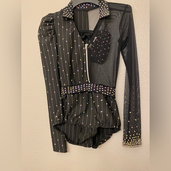 Kelle solo dance costume 3 piece black pin stripe leotard skirt 5333 stoned LC - Picture 3 of 13